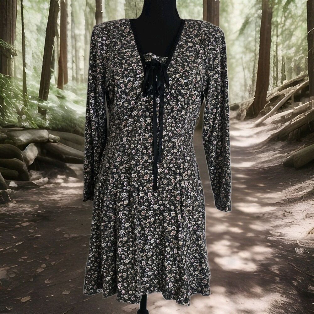 Vintage 90s Y2K Mini Dress Ditsy Floral Tie Chest Whimsigoth Cottagecore